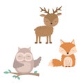 ÃÂ¡ollection of hand-drawn cute forest animals. Illustration of a fox, owl, deer.